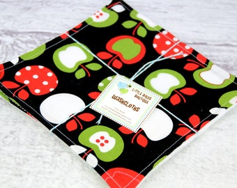 READY to SHIP! Washcloth or Cloth Wipes with Soft Terrycloth -Set of 2 in Robert Kaufman Metro Market Apples in Black by Ann Kelle