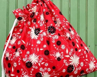 Reusable Drawstring Bag-for Toys, Gifts, Crafting or Storage in Red Black Cream Floral