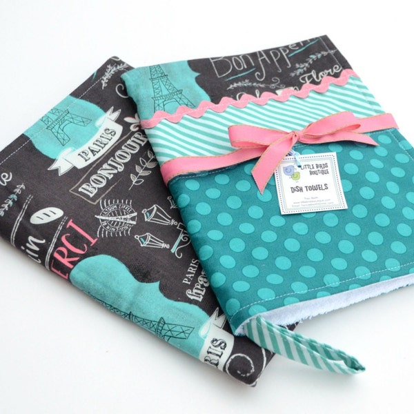 READY to SHIP! Kitchen Dish Tea Towels- Set of 2 in Bonjour Paris Black, Pink, Turquoise