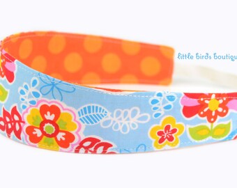 Reversible Fabric Headband- Children Toddler in Multi Colored Paisley and Orange Polka Dots