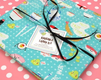 Reusable Sandwich and Snack Sack Kit in Sushi Aqua on Dots for Timeless Treasures Picnic Time