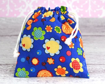Reusable Drawstring Bag-for Toys, Gifts, Crafting or Storage in Heidi Grace Multi Floral on Blue