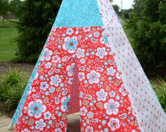 READY TO SHIP! - Child Toddler Kid's Play Teepee/Tent Hideaway in Riley Blake Twice As Nice Red Turquoise White Grey