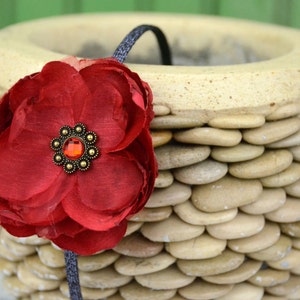 Dark Scarlet Red Flower Headband with Rhinestones Jewel Bling for Toddlers and Girls