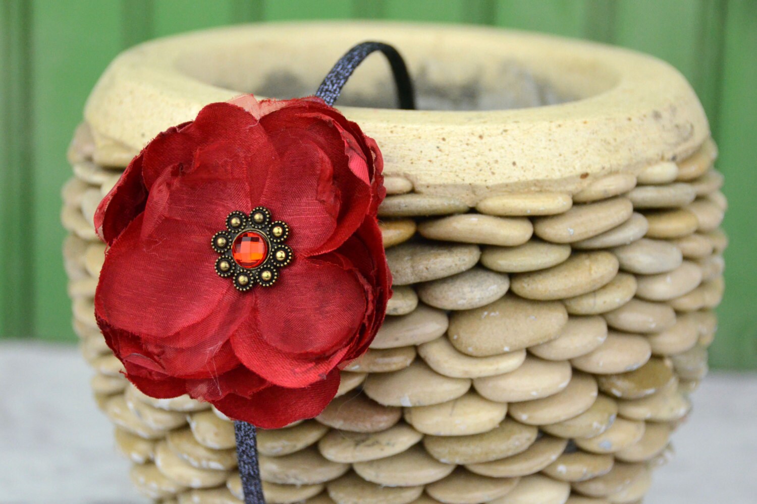 Dark Scarlet Red Flower Headband with Rhinestones Jewel Bling for Toddlers and Girls
