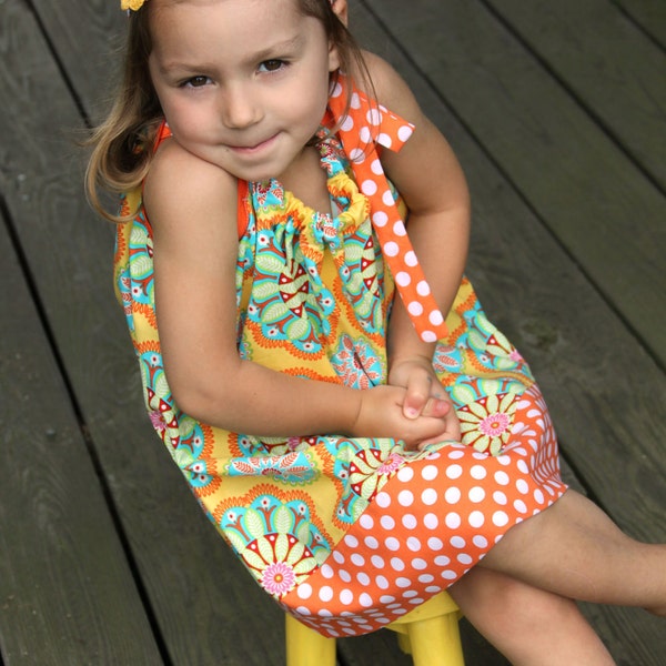 READY to SHIP! Pillowcase Dress in Michael Miller, Gypsy Bandana, Kaleidoscope, Yellow, Orange, Turquoise