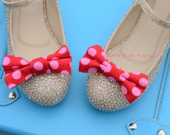 READY to SHIP! 1 Pair Red Pink Polka Dot Fabric Bow Shoe Clips - Girls Wedding Accessories, Bride, Bridesmaid, Wedding Shoes, Birthday Party