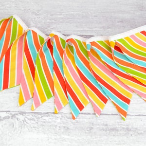 READY to SHIP Reusable Fabric Bunting, Banner, Pennant, Flag, Photo Prop, Decoration, Rainbow, Stripe, Hello Sunshine, Pink, Yellow, Blue image 1