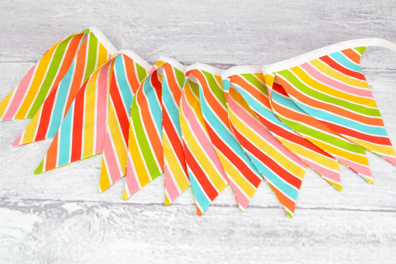 READY to SHIP Reusable Fabric Bunting, Banner, Pennant, Flag, Photo Prop, Decoration, Rainbow, Stripe, Hello Sunshine, Pink, Yellow, Blue image 1