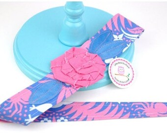 Adult or Child Fabric Flower Head Wrap, Tie, Sash, Headband, With Rose Flower in Pink on Blue