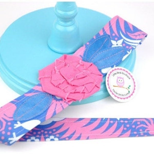 Adult or Child Fabric Flower Head Wrap, Tie, Sash, Headband, With Rose Flower in Pink on Blue