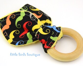 All Natural Wood Baby Teething Ring- Rainbow Mustache on Black - Great Gender Neutral, Shower Gift