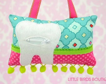 Tooth Fairy Pillow- In Turquoise Pink Green Mosaic Diamonds