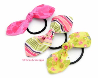 Top Knot Bow Hair Clip, Pony Tail Hair Tie in Art Gallery, Purple, Pink, Lime Green, Poetica