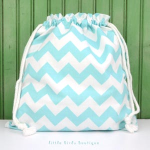 Drawstring Bag, Pouch, Tote for Toys, Gifts, Crafting, Lunch, Cosmetics, Travel, Storage, Girls, Boys, in Turquoise Blue Chevron