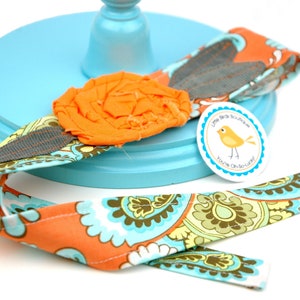 READY TO SHIP! Adult or Child Fabric Flower Head Wrap, Tie, Sash, Headband, With Rose Flower in Amy Butler Belle French Wallpaper Orange