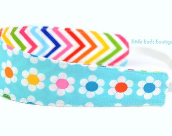 Reversible Headband- Children Toddler in Remix by Ann Kelle for Robert Kaufman Fabrics Turquoise Daisies and Chevron Zig Zag