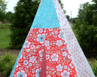 READY TO SHIP! - Child Toddler Kid's Play Teepee/Tent Hideaway in Riley Blake Twice As Nice Red Turquoise White Grey