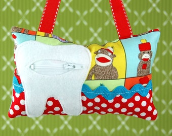 Tooth Fairy Pillow- In Sock Monkey Boy Girl Fabric Red Green Yellow Blue