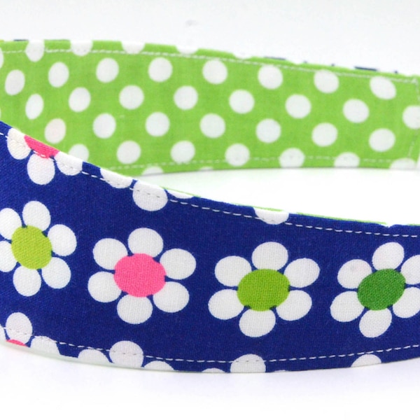 Reversible Headband- Children Toddler in Remix by Ann Kelle for Robert Kaufman Navy Blue Daisies and Green Dots