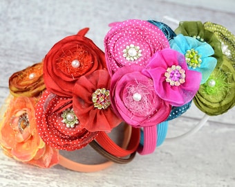 Flower Headband Trio, with Polk a dot Fabric, Feathers, Rhinestones, Bling for Toddlers and Girls