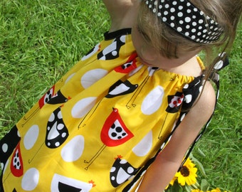 READY to SHIP! Pillowcase Dress in Robert Kaufman, Monaluna, Metro Market, Hens, Chickens, Birds, Black, Red, White, Mod