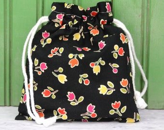 MEDIUM Reusable Drawstring Bag-for Toys, Gifts, Crafting or Storage in Sanae Oz Flowers on Black