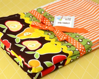 Kitchen Dish Tea Towels- Set of Two in Alexander Henry Apple and Pear Brown Red Yellow Orange Green Fabric