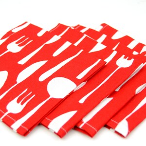 Cloth Napkins 9 inch Set of 4 Lunchbox Cocktail Child Toddler in Metro Cafe by Robert Kaufman, Forks, Spoons and Knifes in Red image 2