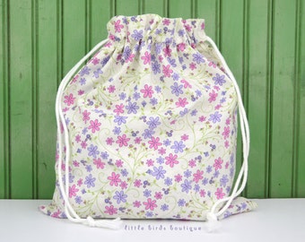 Drawstring Bag, Pouch, Tote for Toys, Gifts, Crafting, Lunch, Cosmetics, Project, Travel, Storage in Pink Purple Floral Flowers Heidi Grace
