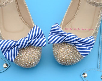 READY to SHIP! 1 Pair Blue Pin Stripe Fabric Bow Shoe Clips - Girls Wedding Accessories, Bride, Bridesmaid, Wedding Shoes, Birthday Party