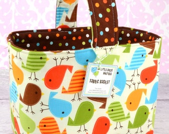 READY to SHIP!  Easter or Halloween Candy Basket Fabric Storage Container Bin-  Ann Kelle Urban Zoologie Baby Birds Bermuda