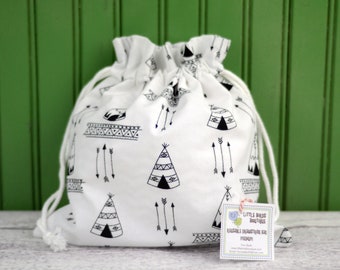 Reusable Drawstring Bag-for Toys, Gifts, Crafting, Storage in Boys Camping, Arrow, Tribal, Teepee, Tribal, Aztec, Indian, Black, White
