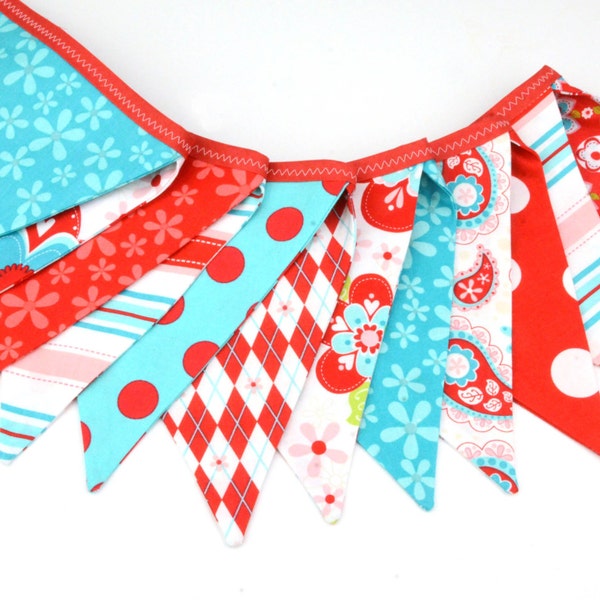 READY TO SHIP!  Reusable Fabric Bunting, Banner, Pennant, Flag, Garland, Photo Prop, Decoration in  Sugar Spice Red White Turquoise