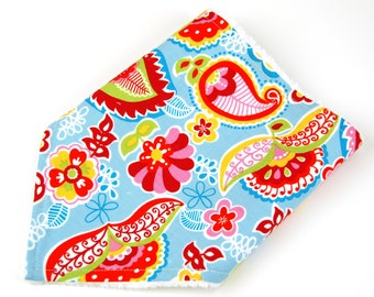 Modern Bandana Bib in Multi Colored Paisley Red on Turquoise