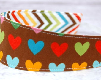 Reversible Headband Fabric - Children Toddler in Remix by Ann Kelle for Robert Kaufman Fabrics Chocolate Hearts and Rainbow Zig Zag