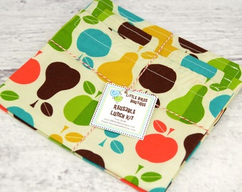 Reusable Sandwich and Snack Sack Kit in Retro Apple Pear Green Mustard Brown