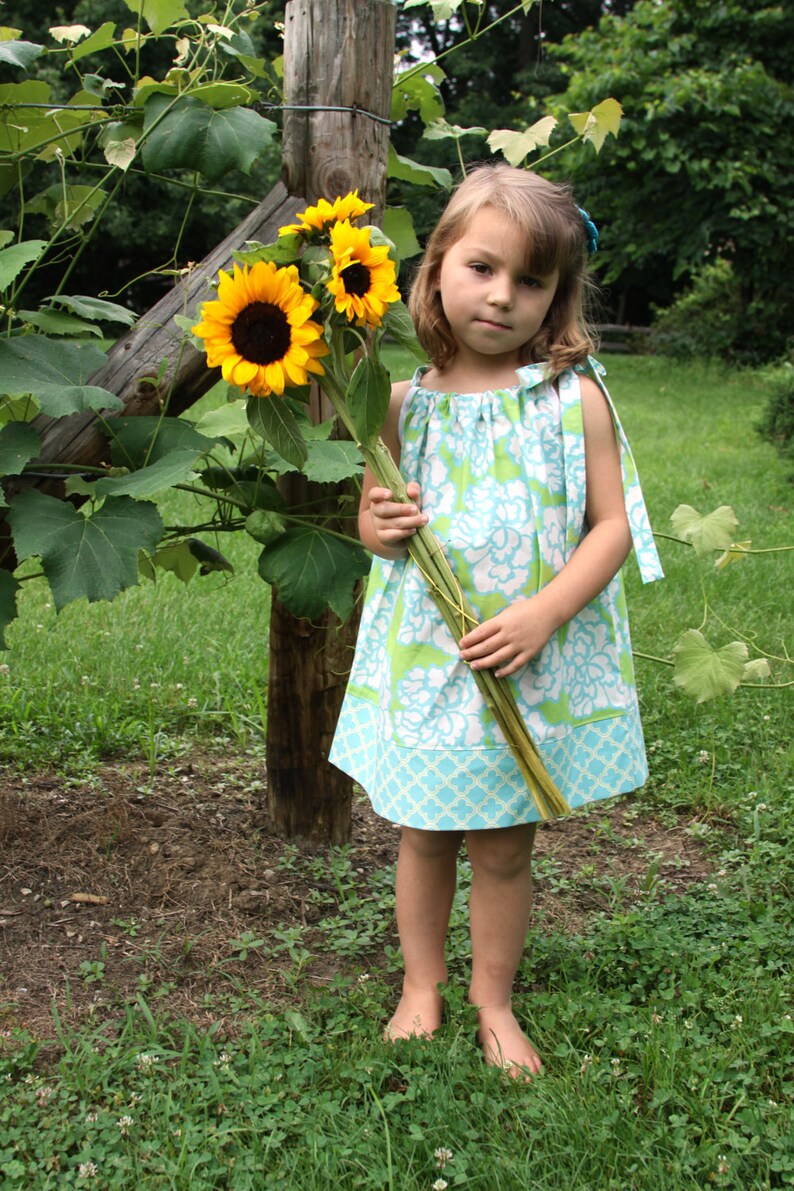 READY to SHIP Pillowcase Dress, Pastel, Turquoise, Blue, Green, White, Damask, Spring, Floral, Easter, Photo Shoot, Made to Match, Holiday image 4