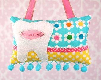 Tooth Fairy Pillow- In Remix Fabric by Ann Kelle for Robert Kaufman, Blue Pink Yellow Daisies
