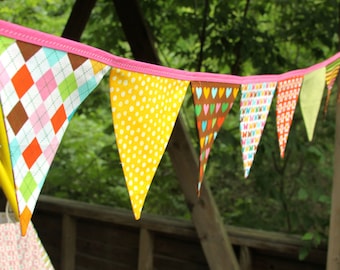 Reusable Fabric Bunting, Banner, Pennant, Flag, Garland, Photo Prop, Decoration in Remix Carnival, Pastel, Argyle, Hearts, Daisy, Butterfly