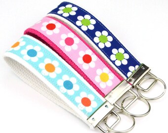 BUY 4 GET 1 FREE- Keychain Wristlet- Key Fob in Remix Daisies for Robert Kaufman Blue Pink Navy