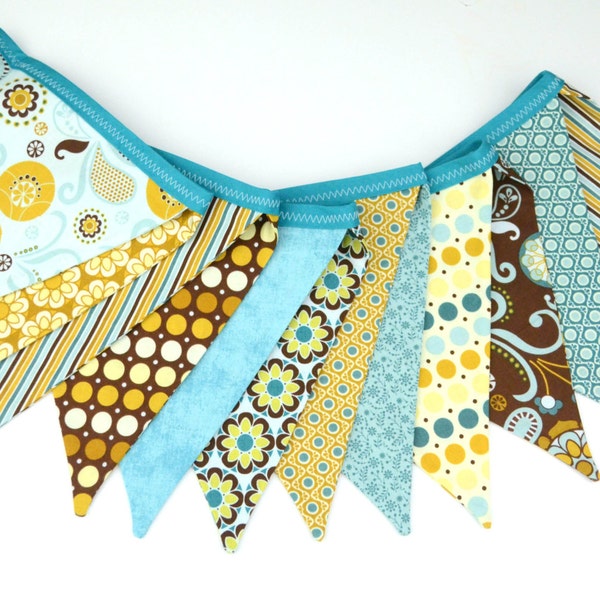 Fabric Bunting, Banner, Pennant, Flag, Garland, Photo Prop, Decoration, So Sophie, Riley Blake, Retro, Floral, Turquoise Blue, Brown, Gold