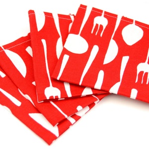 Cloth Napkins 9 inch Set of 4 Lunchbox Cocktail Child Toddler in Metro Cafe by Robert Kaufman, Forks, Spoons and Knifes in Red image 3