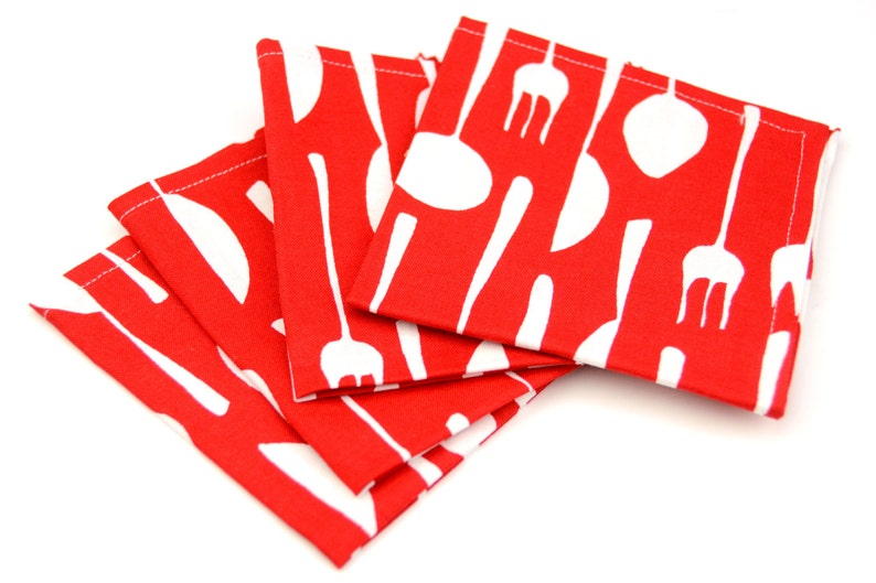 Cloth Napkins 9 inch Set of 4 Lunchbox Cocktail Child Toddler in Metro Cafe by Robert Kaufman, Forks, Spoons and Knifes in Red image 3