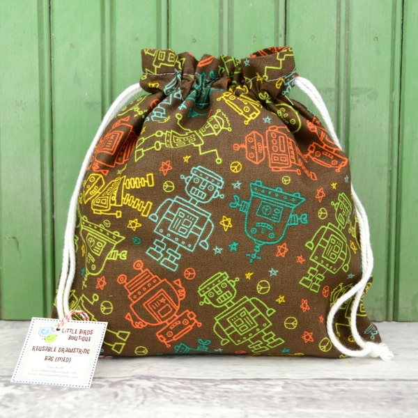 LAST One! -READY to SHIP! Reusable Drawstring Bag-for Toys, Gifts, Crafting or Storage in Green Orange Yellow Robots on Brown
