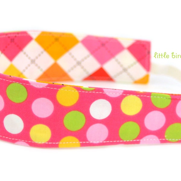 Reversible Headband- Children Toddler in Remix by Ann Kelle, for Robert Kaufman Fabrics Pink Red Yellow Argyle and Dots