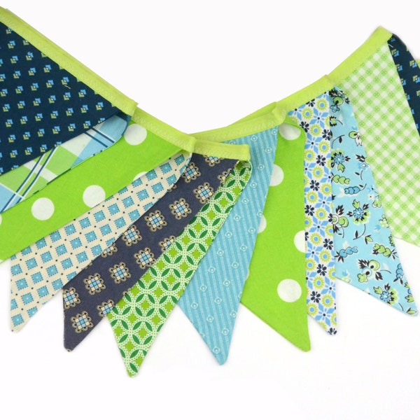 READY to SHIP! Fabric Bunting, Banner, Pennant, Flag, Garland, Photo Prop, Decoration in Blue, Green, Florals, Picnics and Fairgrounds