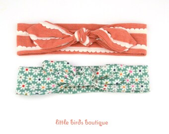 Top Knot Cotton Jersey Headband, Head Wrap, Tie Headband- for all ages Ruffles and Daisies