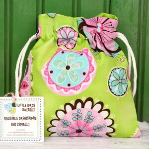 Reusable Drawstring Bag-for Toys, Gifts, Crafting or Storage in Pink Blue Floral on Green image 1