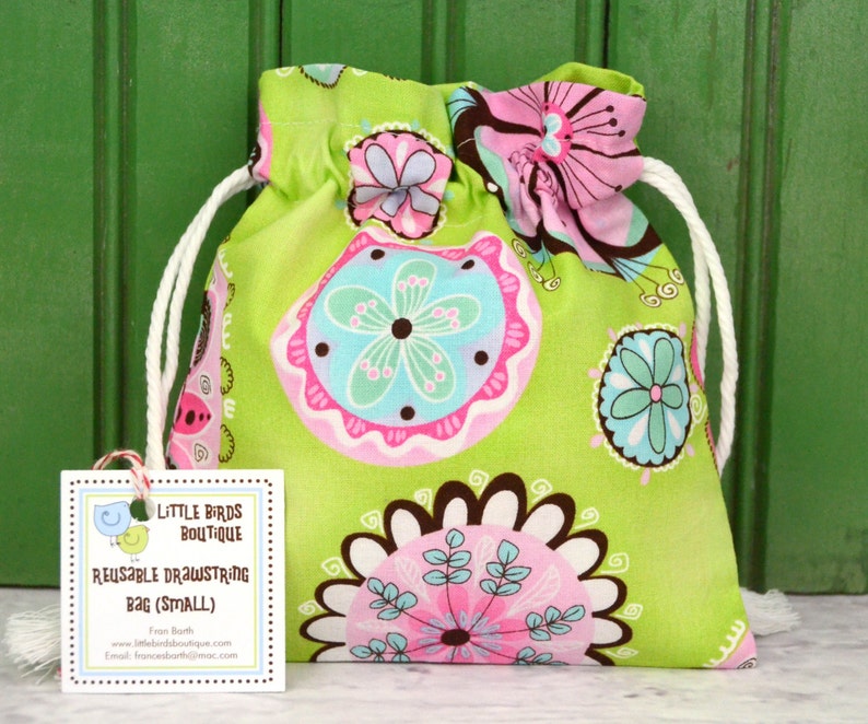 Reusable Drawstring Bag-for Toys, Gifts, Crafting or Storage in Pink Blue Floral on Green image 1